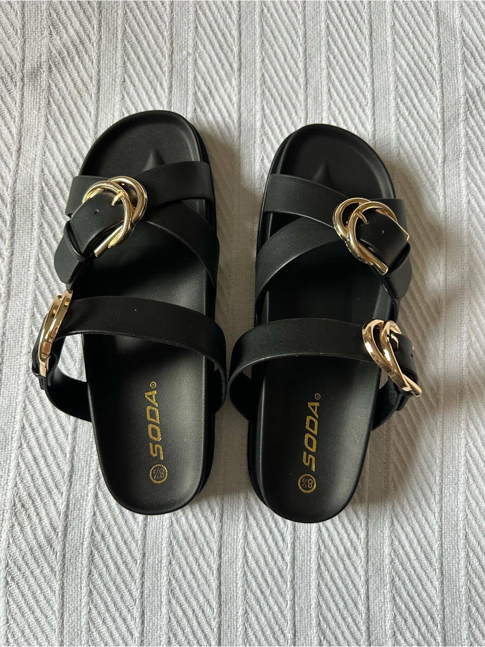 Soda Black Sandals with Gold Buckles